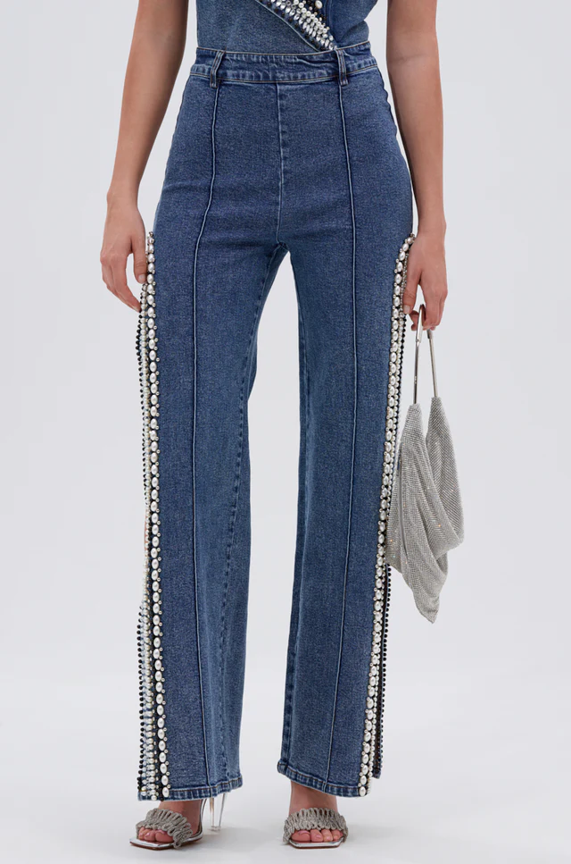 Denim Asymmetrical Pearl Luxurious Bodysuit & Pants With Side Slits Set