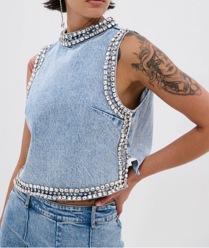 Popping Out Rhinestone Denim Blouse & Pants Set