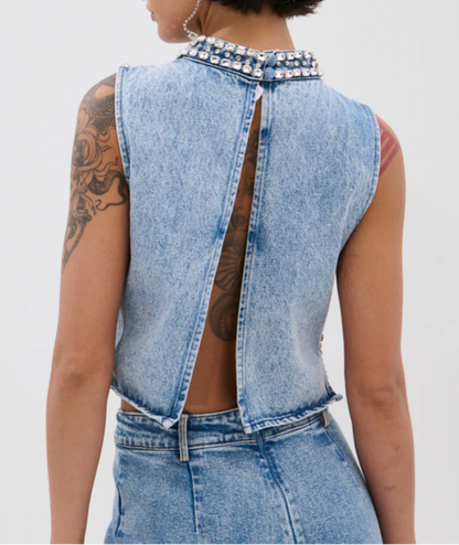 Popping Out Rhinestone Denim Blouse & Pants Set