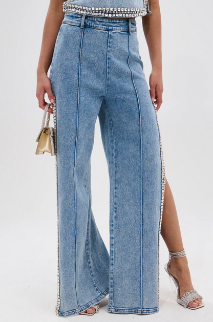 Popping Out Rhinestone Denim Blouse & Pants Set