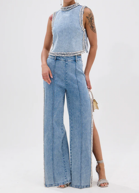 Popping Out Rhinestone Denim Blouse & Pants Set