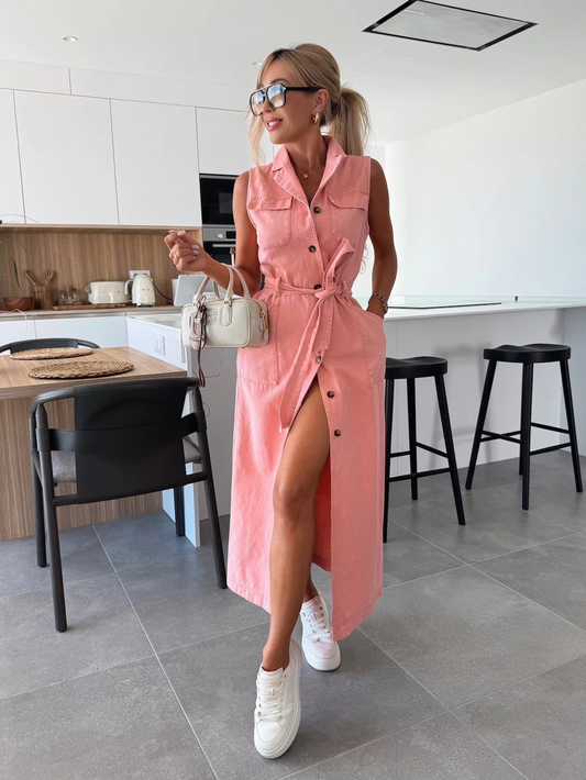 Sleeveless Long Tie Waist Single Breasted Denim Dress