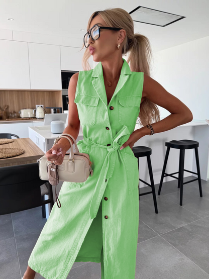 Sleeveless Long Tie Waist Single Breasted Denim Dress