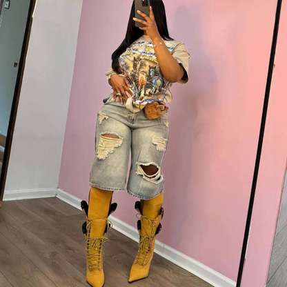 Distressed Ripped Denim Straight-Leg Pants