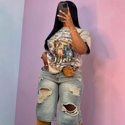 Distressed Ripped Denim Straight-Leg Pants