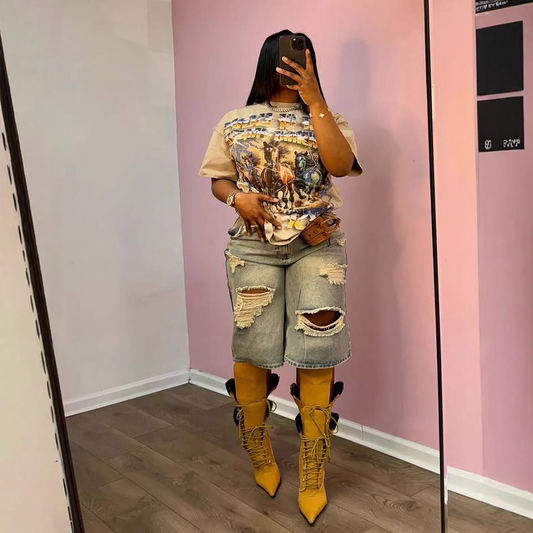 Distressed Ripped Denim Straight-Leg Pants