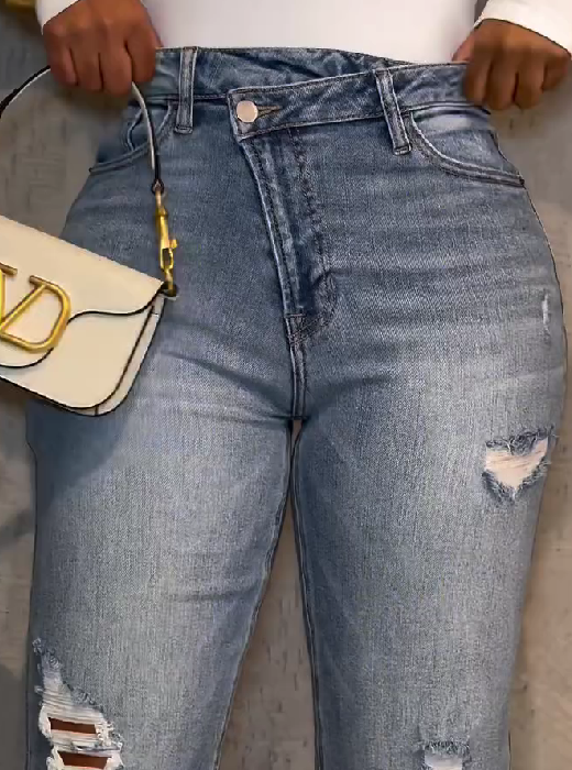 Slant Collar Ripped Straight Jeans