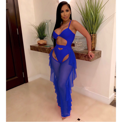 Solid Color Mesh Swimsuit Two Piece Set