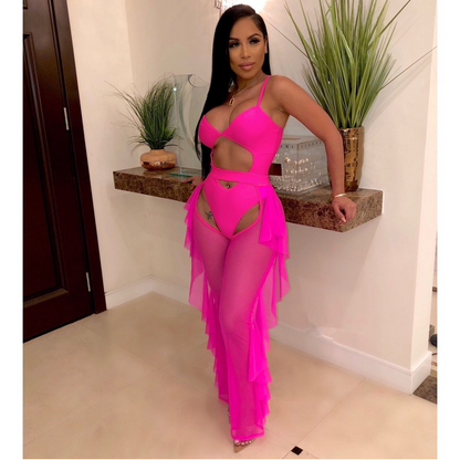 Solid Color Mesh Swimsuit Two Piece Set