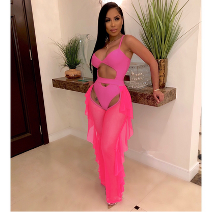 Solid Color Mesh Swimsuit Two Piece Set