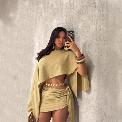Slanted Collar Top & Strappy Hip-Wrapped Mini Skirt Suit