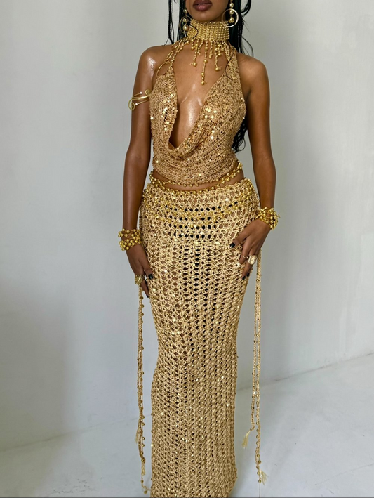 Gold Sequin Bralette & Maxi Skirt