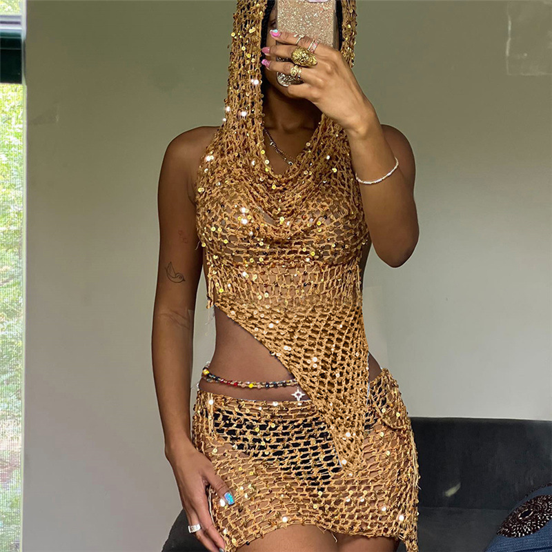 Sequin Hooded Sexy Sleeveless High Waist Mini Skirt Set