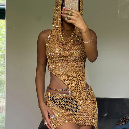 Sequin Hooded Sexy Sleeveless High Waist Mini Skirt Set