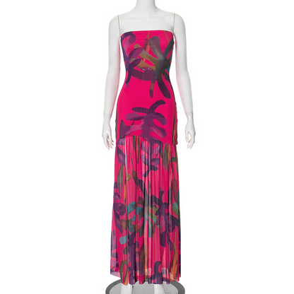 Strapless Slit Mesh Splicing Dress