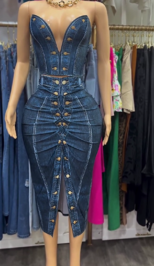 Printed Button Denim Two-Piece Set