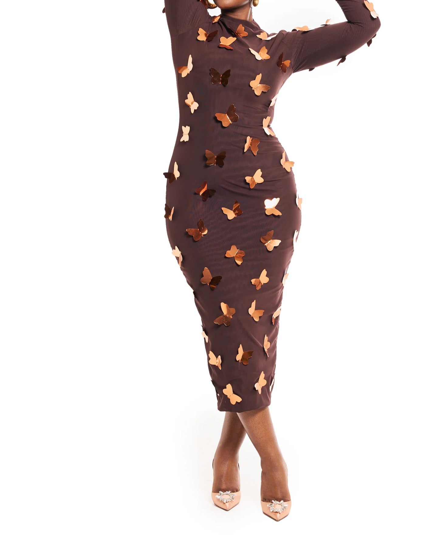 Cocoa Bronze Mesh Butterfly Midi Dress