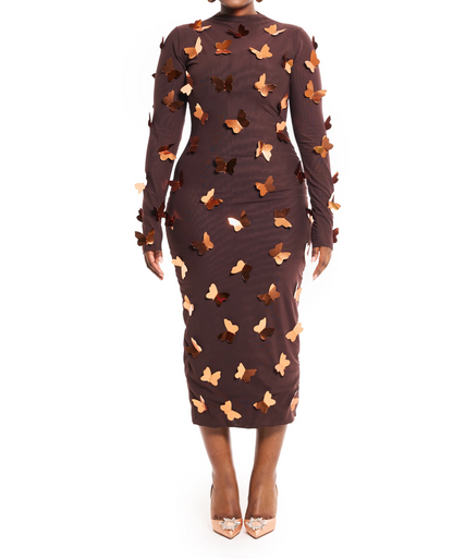 Cocoa Bronze Mesh Butterfly Midi Dress