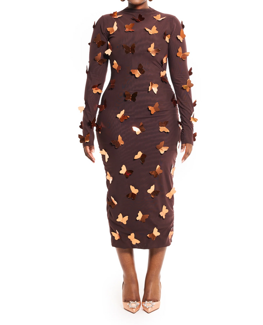 Cocoa Bronze Mesh Butterfly Midi Dress