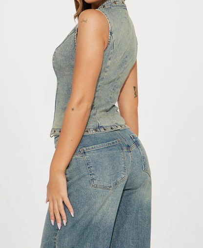 Marise High Waist Lace Up Jeans & Tank Top Set