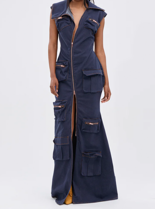 "Don't Mess with Me" Collared Denim Maxi Dress
