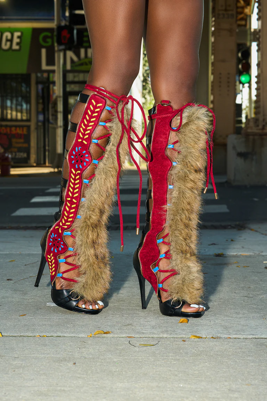 Black Multicolored Gladiator Stitching Fur Sandals