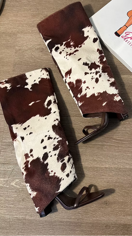 Cow Print Furry Open Toe Block Heel Knee Boot