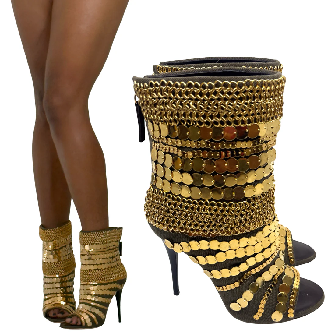 Gold Chain-Stitched High Heels
