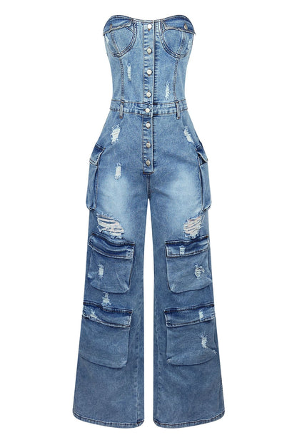 Gabri Cargo Washed Denim Jumpsuit