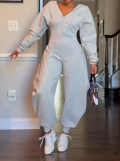 Deep V Neck Long Sleeve Shapely Jumpsuit