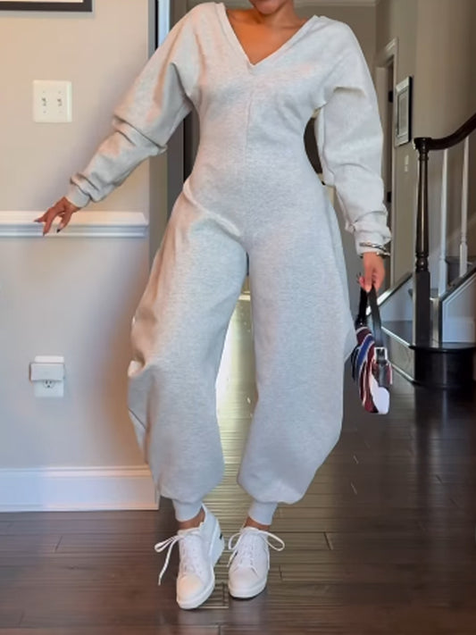 Deep V Neck Long Sleeve Shapely Jumpsuit