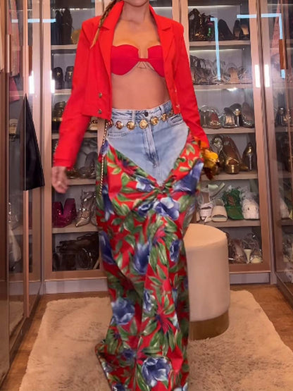 Denim Printed Patchwork Maxi Skirt