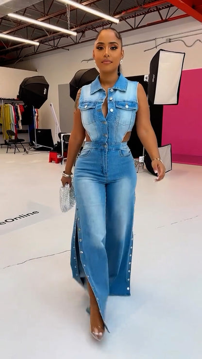 Snap It Out Wide Leg Denim Jumpsuit