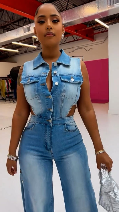 Snap It Out Wide Leg Denim Jumpsuit
