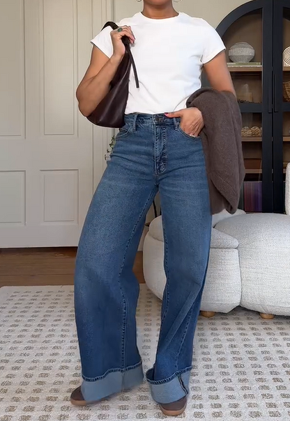 Chic Wide Leg Cuffed Jeans