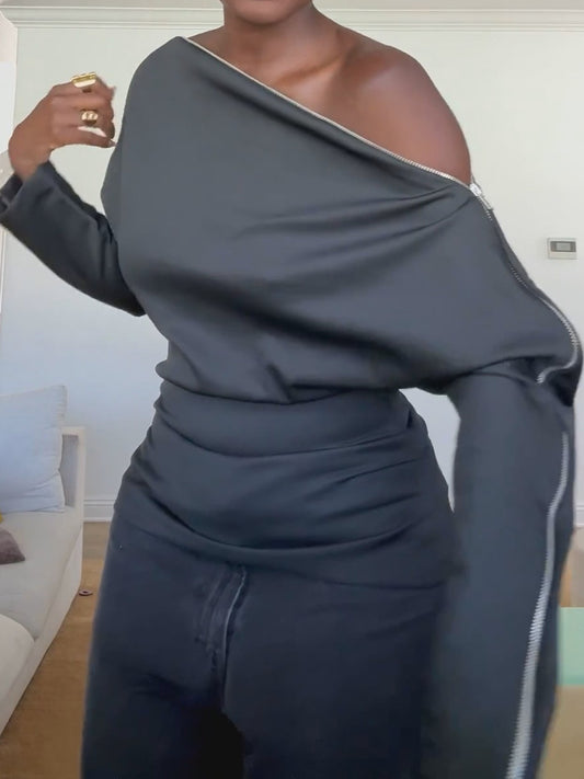 Fashion Off Shoulder Zip Top