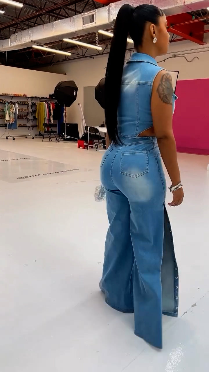 Snap It Out Wide Leg Denim Jumpsuit