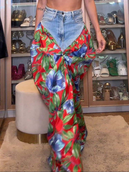Denim Printed Patchwork Maxi Skirt