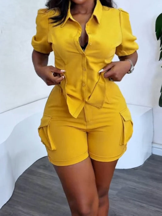 Puff Sleeve Pockets Two Pieces Set