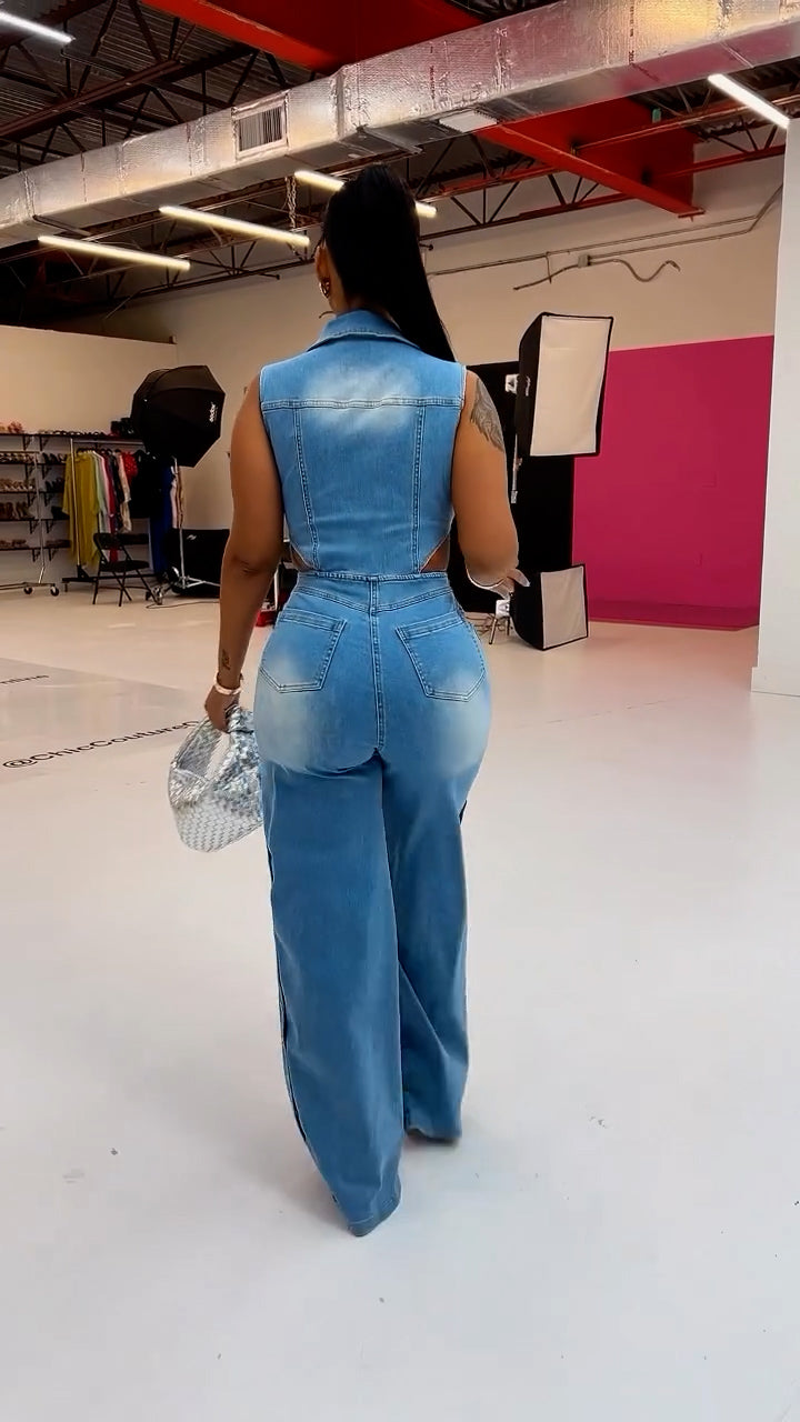 Snap It Out Wide Leg Denim Jumpsuit