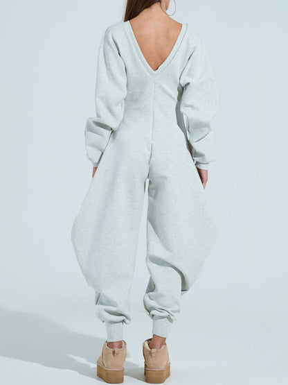 Deep V Neck Long Sleeve Shapely Jumpsuit
