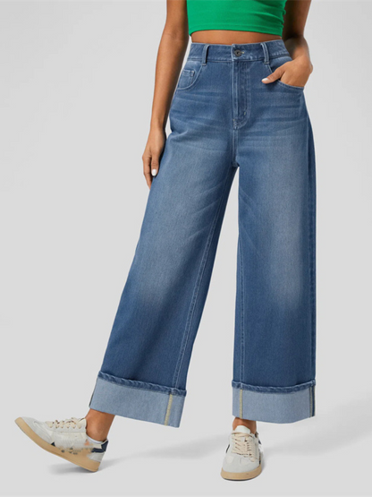 Chic Wide Leg Cuffed Jeans