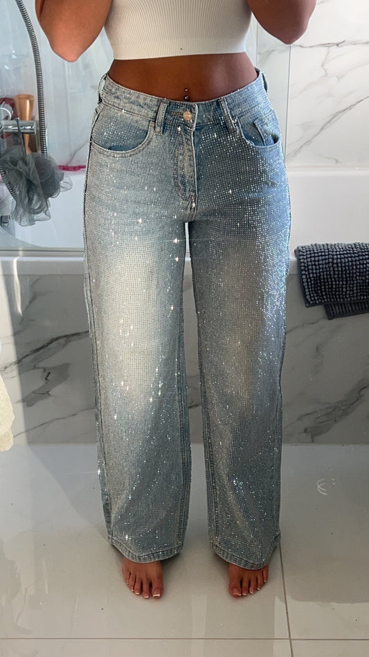 Silver Diamond Blue Wide Leg Sparkle Covered Jeans