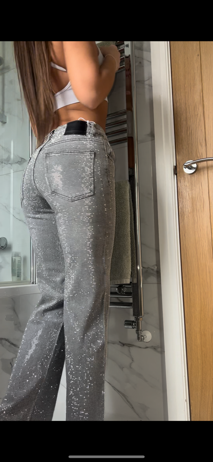 Light Grey Wide Leg Diamond Jeans