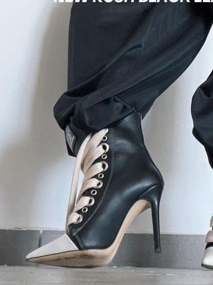 Leather Large Lace Point-Toe Pumps