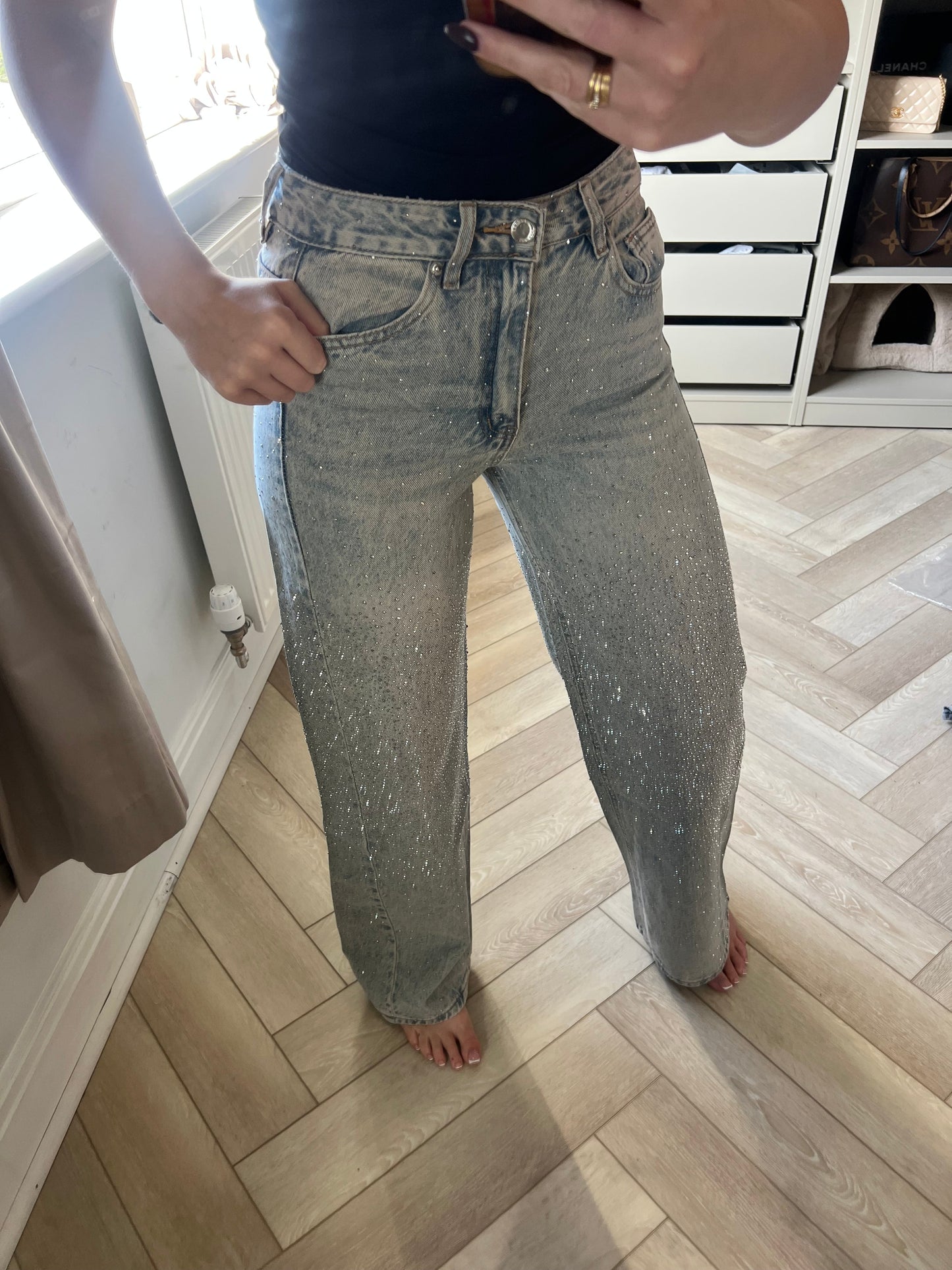 Vintage Wash Ombre Diamond Wide Leg Jeans