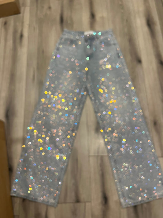 Rainbow Diamond Blue Wide Leg Sparkle Covered Jeans