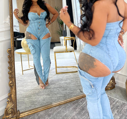 Step into Heat Cutout Denim Jumpsuit