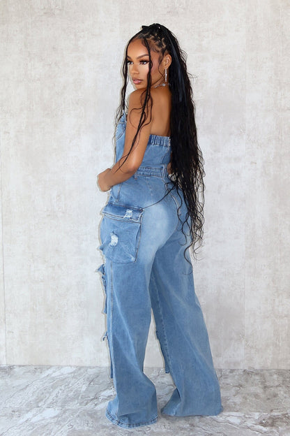 Gabri Cargo Washed Denim Jumpsuit