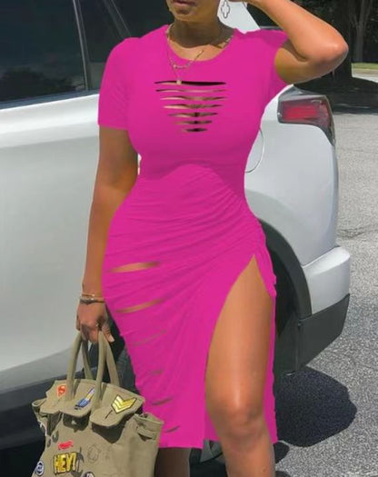 Crewneck Hole Split Folated Dress